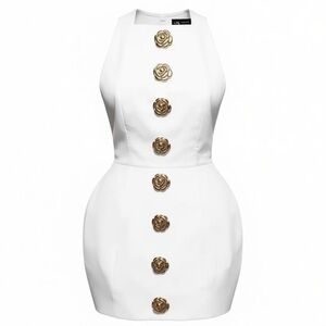 White Sleeveless Mini Dress With Gold Floral Buttons & Open Back Design